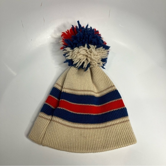 Vintage Smiley wool Pom hat striped one size made in USA - Picture 1 of 5